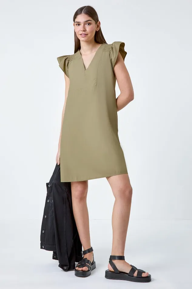 Khaki Plain Cotton Frill Sleeve Pocket Dress Women Roman Dresses