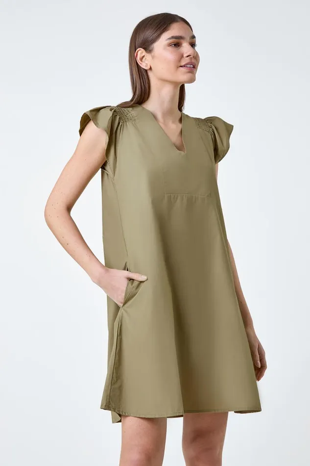 Khaki Plain Cotton Frill Sleeve Pocket Dress Women Roman Dresses