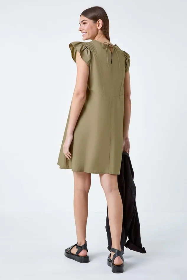Khaki Plain Cotton Frill Sleeve Pocket Dress Women Roman Dresses