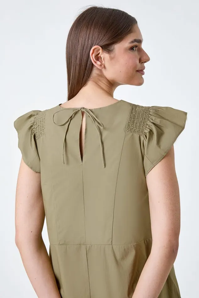Khaki Plain Cotton Frill Sleeve Pocket Dress Women Roman Dresses