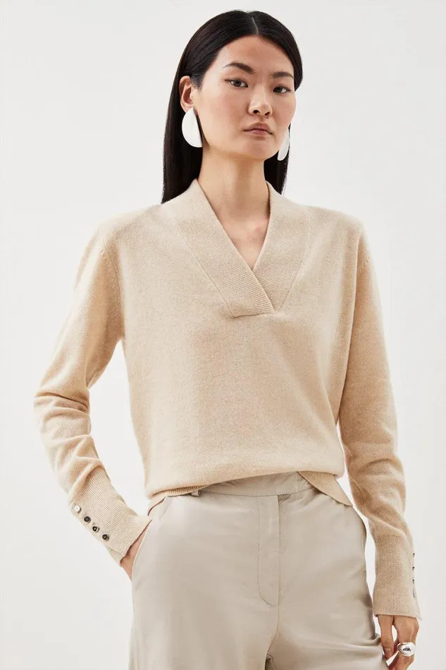 Knitwear Women Karen Millen Cashmere V Neck Power Shoulder Knit Jumper Oatmeal Knitwear Women Karen Millen Cashmere V Neck Power Shoulder Knit Jumper Oatmeal