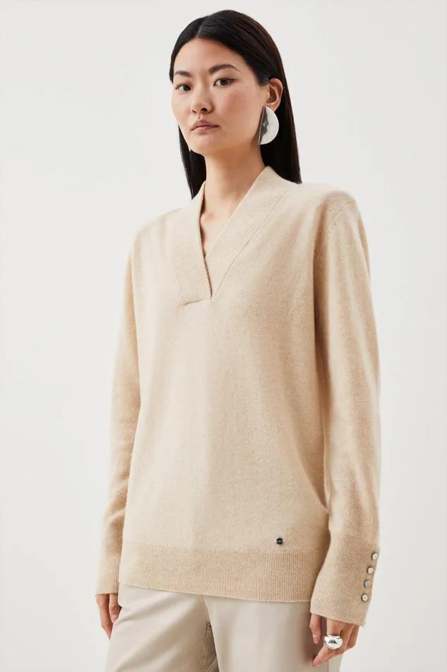 Knitwear Women Karen Millen Cashmere V Neck Power Shoulder Knit Jumper Oatmeal