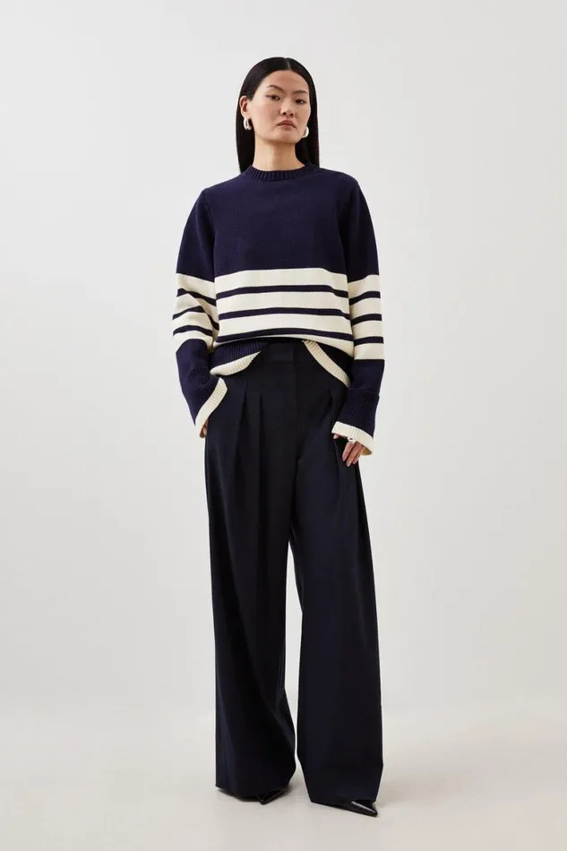 Knitwear Women Karen Millen Cotton Blend Stripe Crew Neck Knit Jumper Stripe