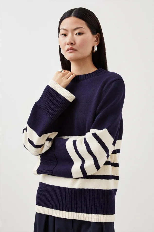 Knitwear Women Karen Millen Cotton Blend Stripe Crew Neck Knit Jumper Stripe
