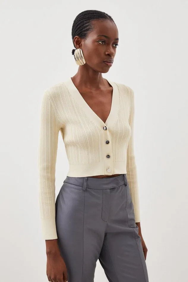 Knitwear Women Karen Millen Viscose Blend Rib Knit Cardigan Natural