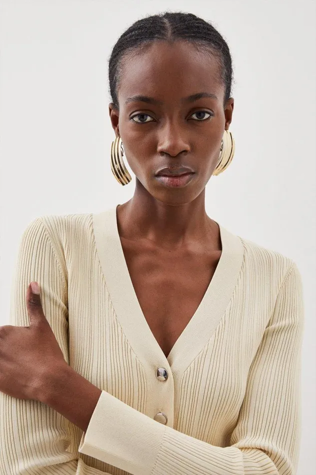 Knitwear Women Karen Millen Viscose Blend Rib Knit Cardigan Natural