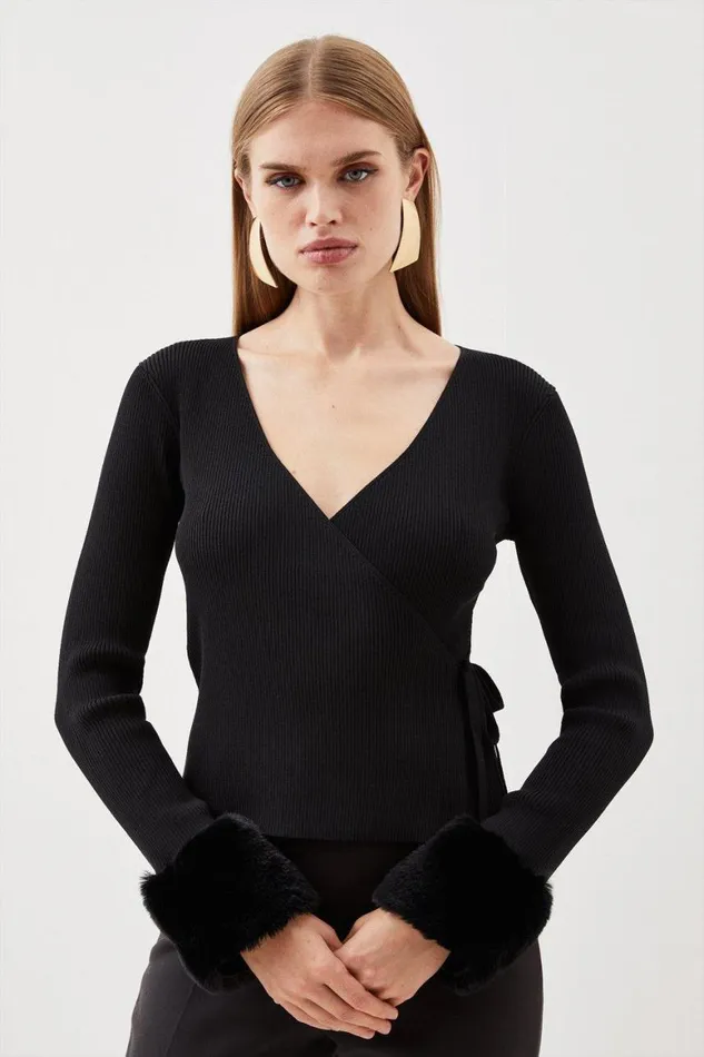 Knitwear Women Karen Millen Viscose Blend Rib Knit Faux Fur Cuff Wrap Front Cardi Black Knitwear Women Karen Millen Viscose Blend Rib Knit Faux Fur Cuff Wrap Front Cardi Black