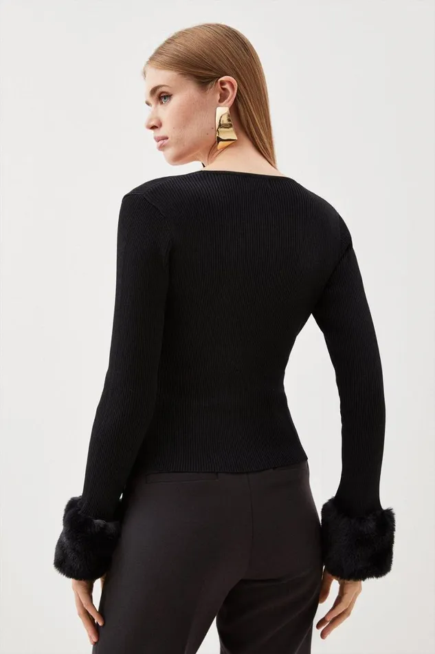 Knitwear Women Karen Millen Viscose Blend Rib Knit Faux Fur Cuff Wrap Front Cardi Black