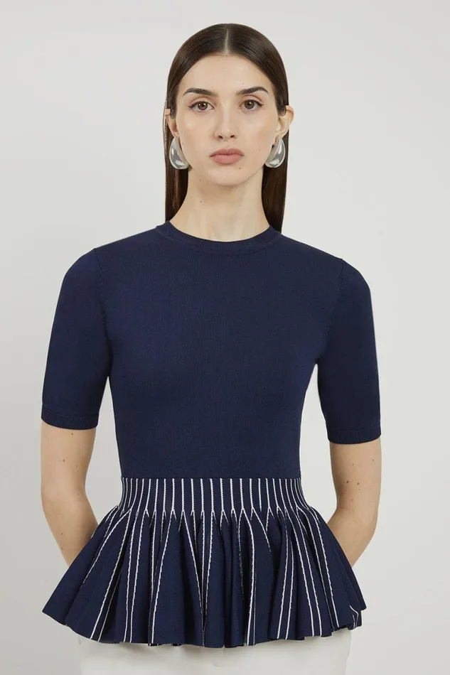 Knitwear Women Karen Millen Viscose Blend Rib Knit Peplum Top Navy