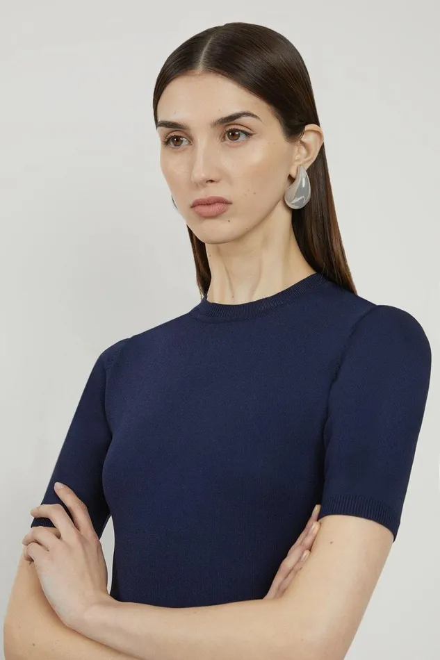 Knitwear Women Karen Millen Viscose Blend Rib Knit Peplum Top Navy