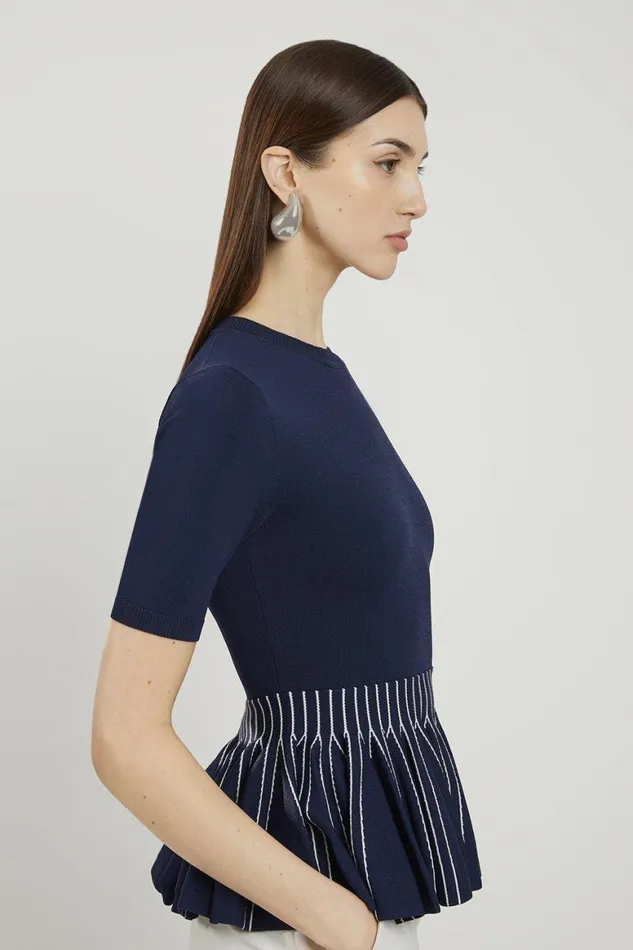 Knitwear Women Karen Millen Viscose Blend Rib Knit Peplum Top Navy