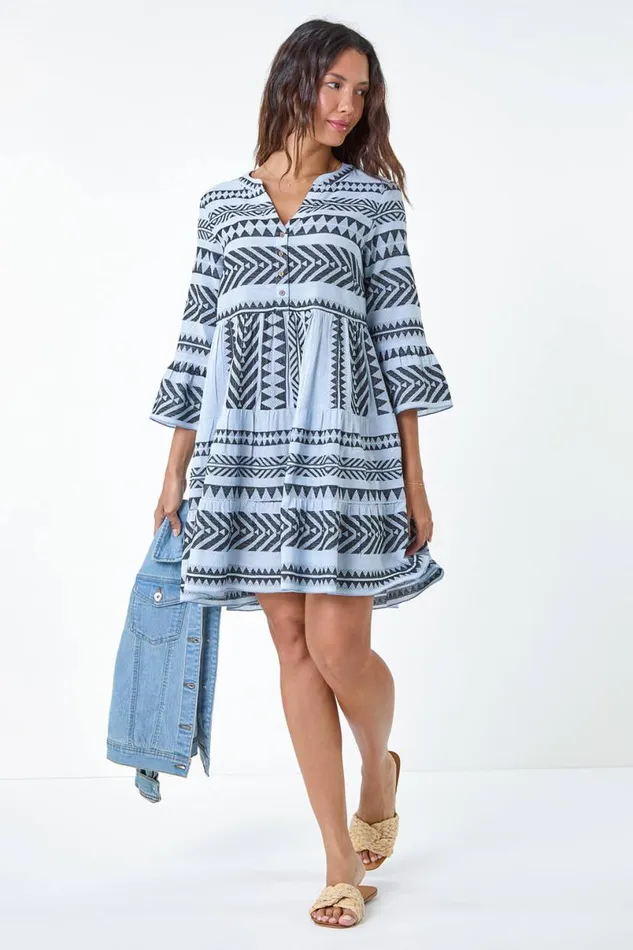 Light Blue Aztec Print Cotton Smock Dress Women Roman Dresses