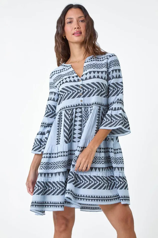 Light Blue Aztec Print Cotton Smock Dress Women Roman Dresses