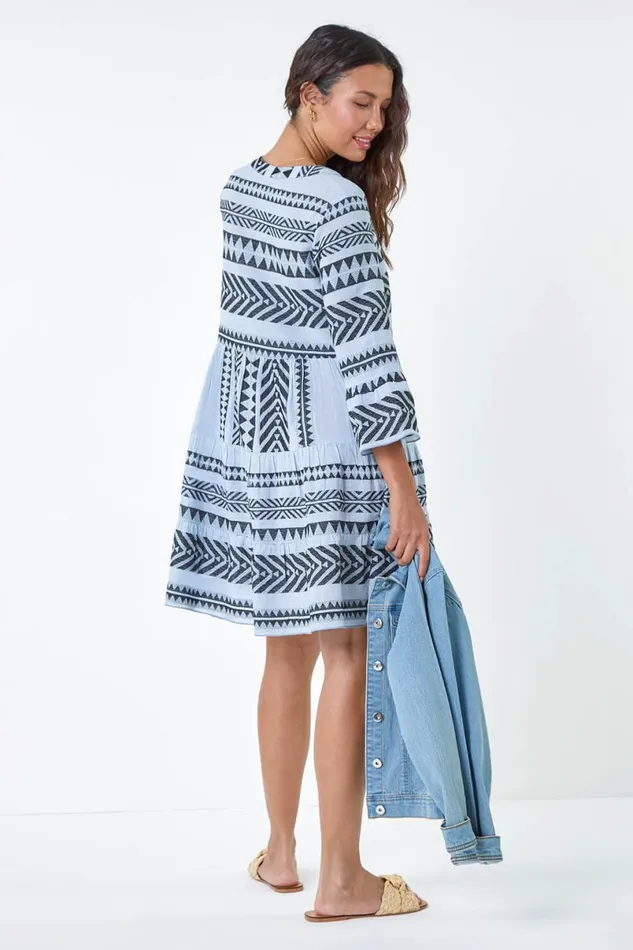 Light Blue Aztec Print Cotton Smock Dress Women Roman Dresses