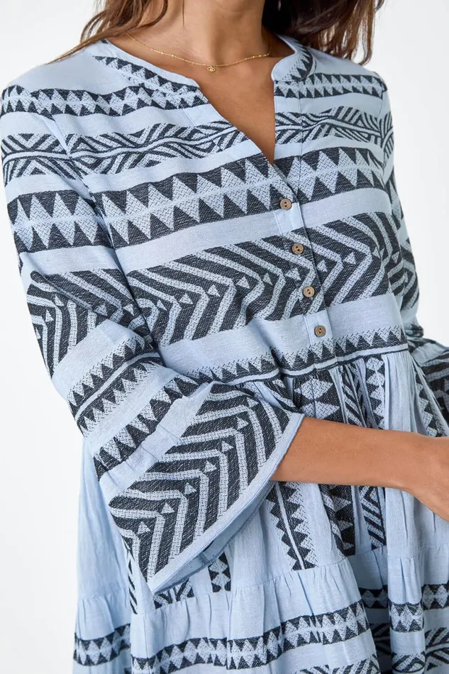 Light Blue Aztec Print Cotton Smock Dress Women Roman Dresses