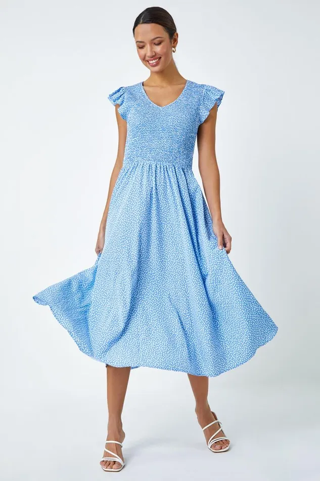Light Blue Ditsy Print Shirred Midi Dress Women Roman Dresses