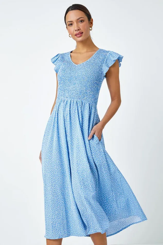 Light Blue Ditsy Print Shirred Midi Dress Women Roman Dresses