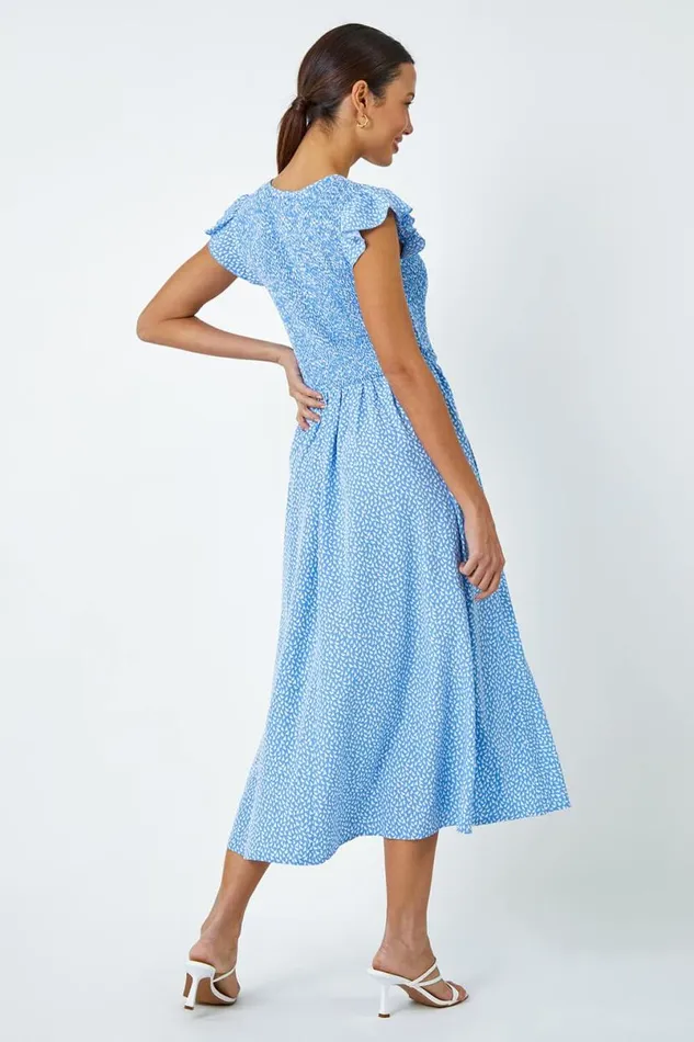 Light Blue Ditsy Print Shirred Midi Dress Women Roman Dresses