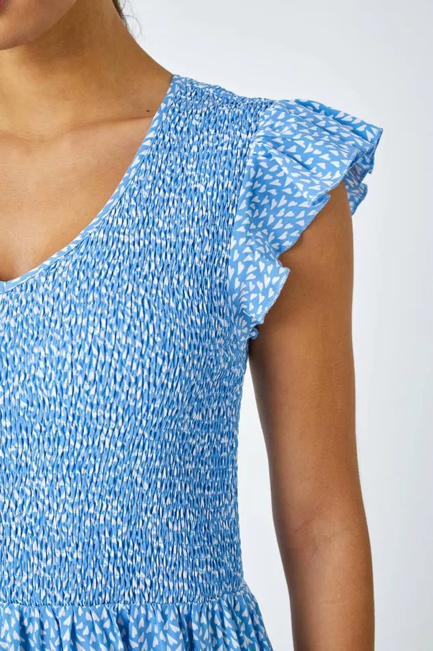 Light Blue Ditsy Print Shirred Midi Dress Women Roman Dresses