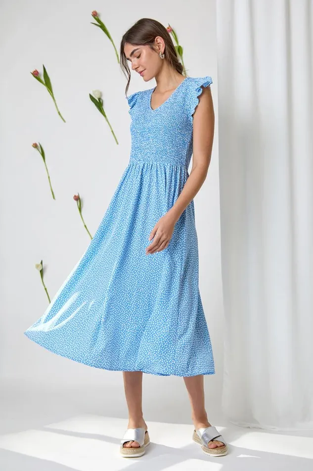 Light Blue Ditsy Print Shirred Midi Dress Women Roman Dresses