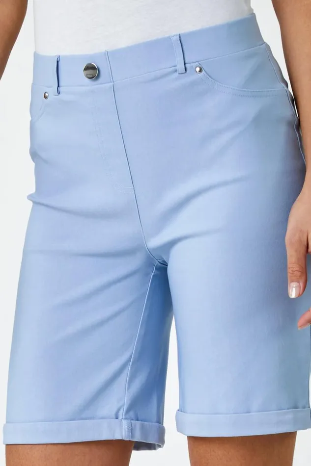 Light Blue Elastic Waist Turn Up Stretch Shorts Women Roman Coords