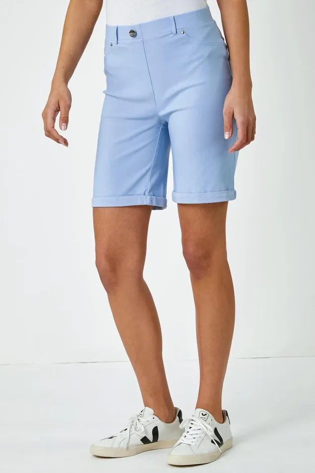 Light Blue Elastic Waist Turn Up Stretch Shorts Women Roman Coords
