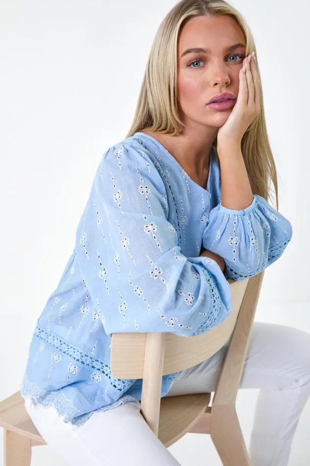 Light Blue Petite Embroidered VNeck Cotton Smock Top Women Roman Tops