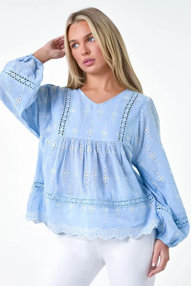 Light Blue Petite Embroidered VNeck Cotton Smock Top Women Roman Tops