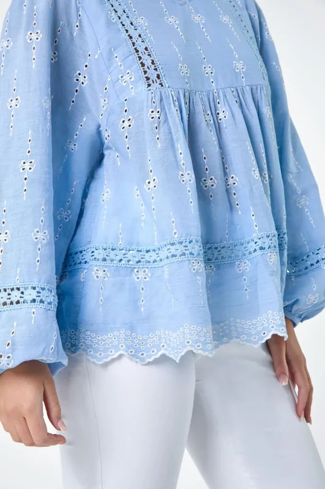 Light Blue Petite Embroidered VNeck Cotton Smock Top Women Roman Tops