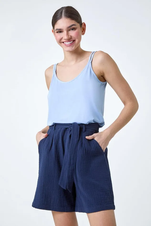 Light Blue Plain Double Strap VNeck Stretch Vest Top Women Roman Tops