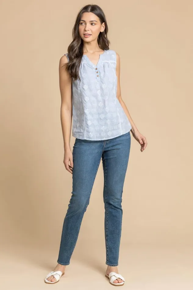 Light Blue Sleeveless Embroidered Cotton Blouse Women Roman Tops