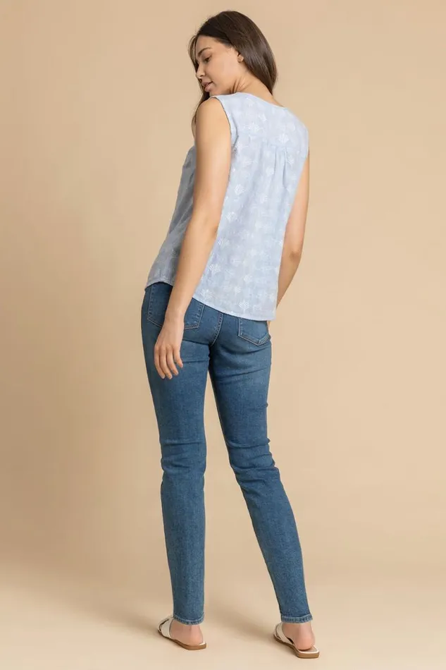Light Blue Sleeveless Embroidered Cotton Blouse Women Roman Tops