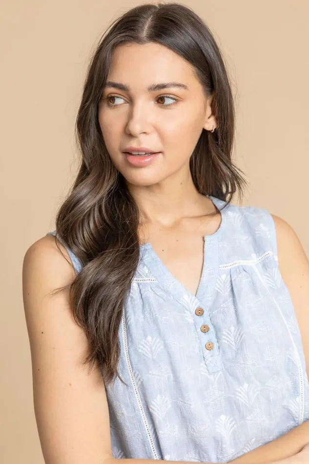 Light Blue Sleeveless Embroidered Cotton Blouse Women Roman Tops