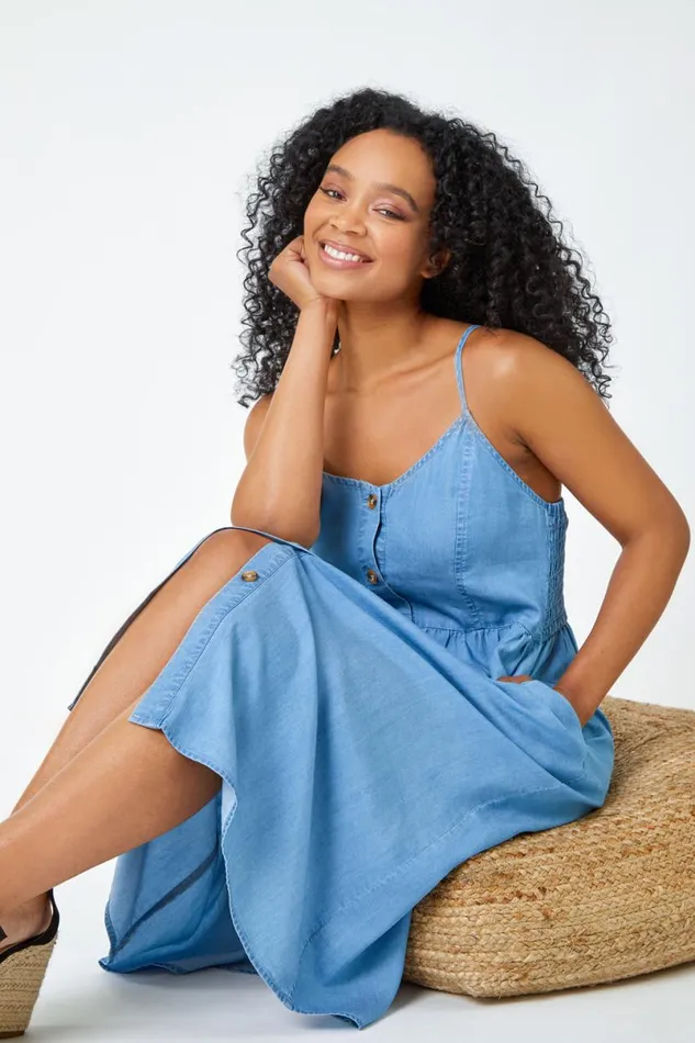 Light Denim Petite Sleeveless Denim Midi Dress Women Roman Dresses