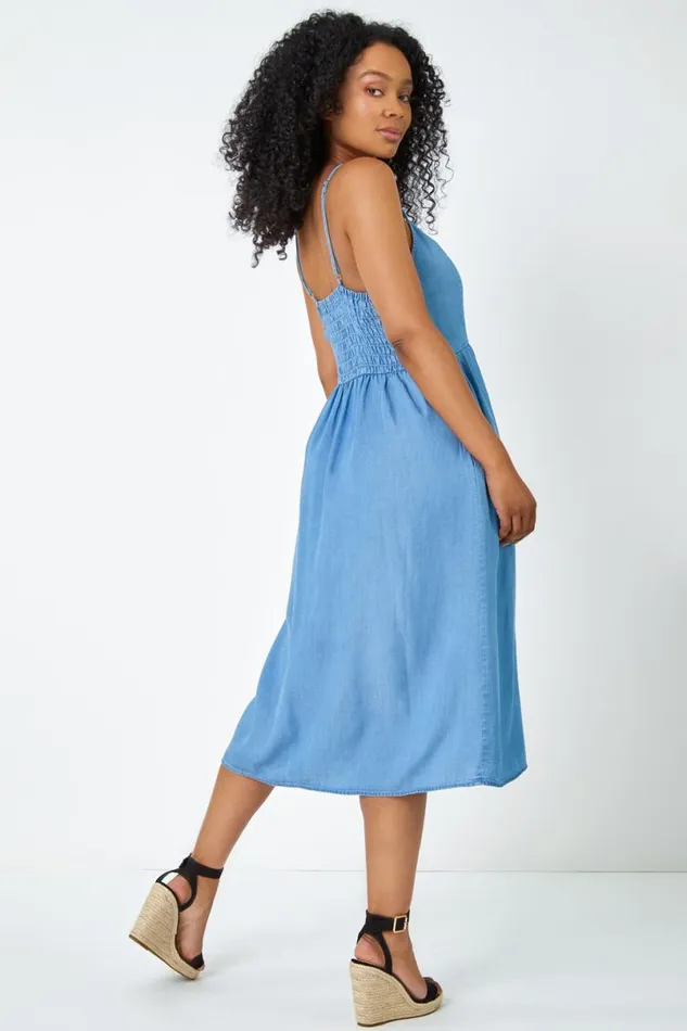 Light Denim Petite Sleeveless Denim Midi Dress Women Roman Dresses