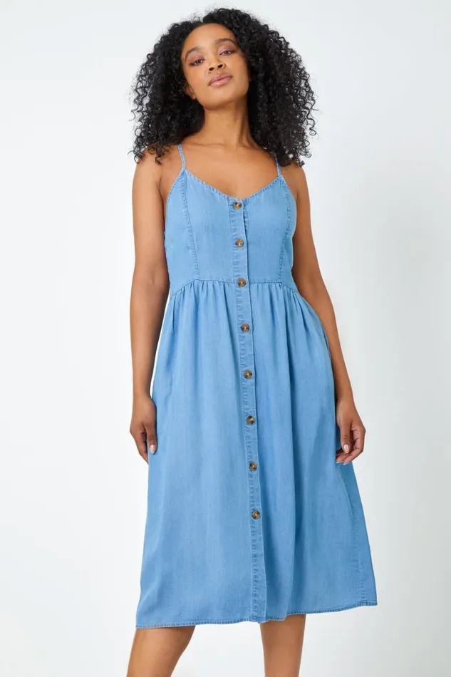 Light Denim Petite Sleeveless Denim Midi Dress Women Roman Dresses