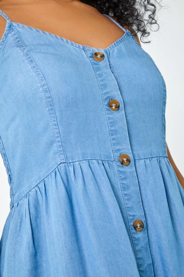 Light Denim Petite Sleeveless Denim Midi Dress Women Roman Dresses