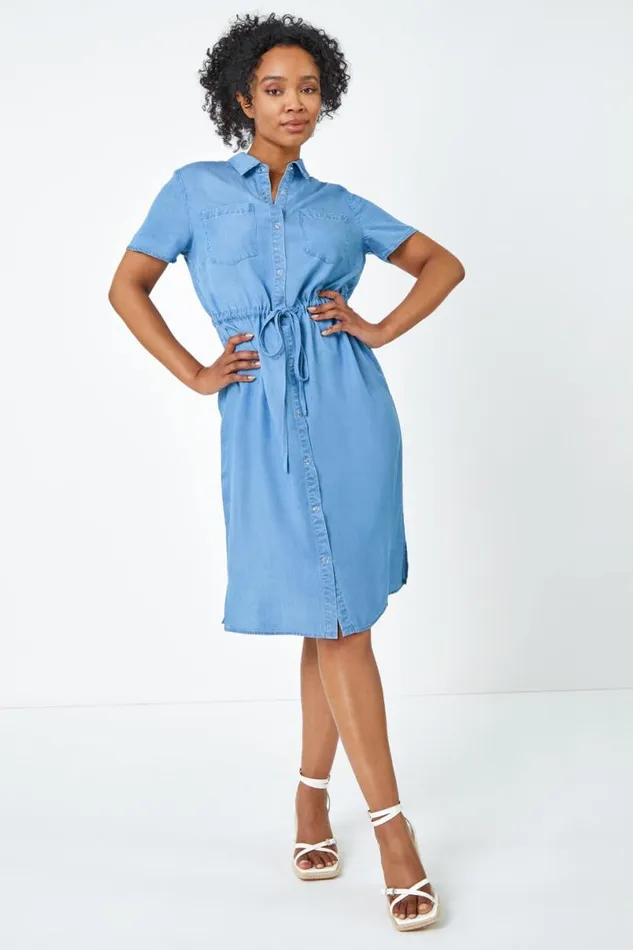 Light Denim Petite Tie Waist Denim Shirt Dress Women Roman Dresses