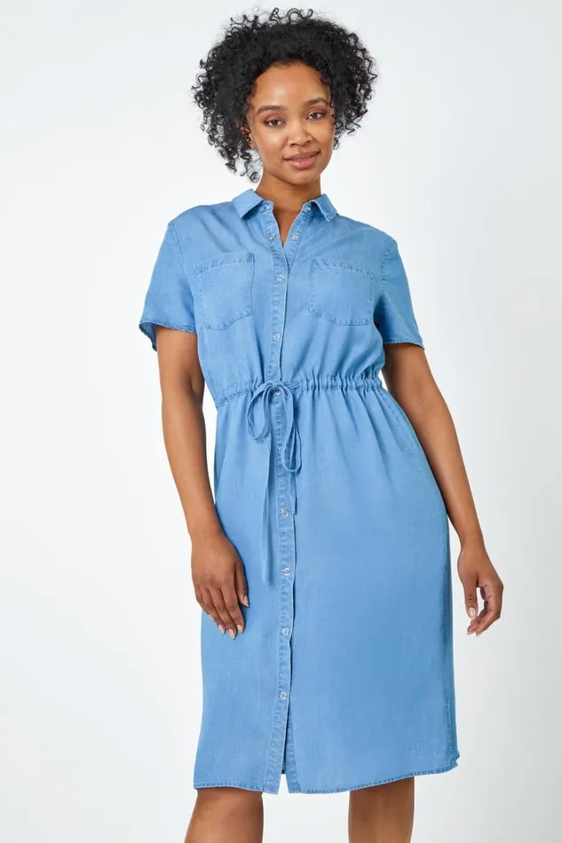 Light Denim Petite Tie Waist Denim Shirt Dress Women Roman Dresses