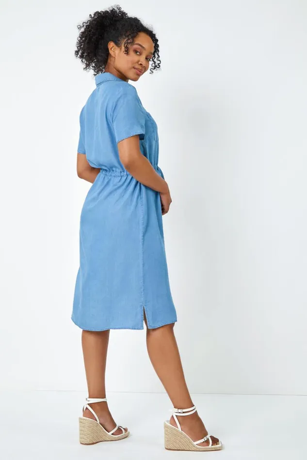 Light Denim Petite Tie Waist Denim Shirt Dress Women Roman Dresses