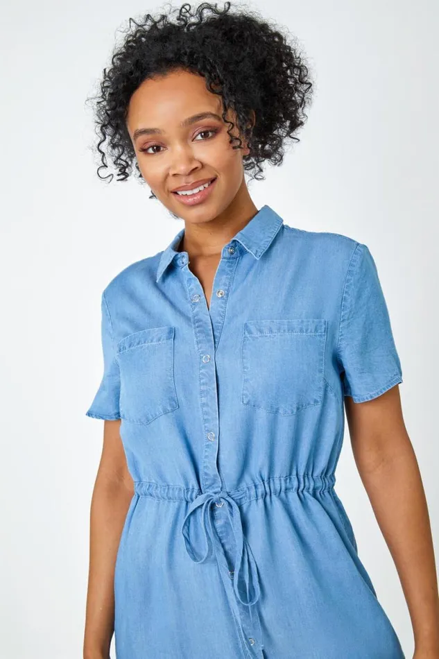 Light Denim Petite Tie Waist Denim Shirt Dress Women Roman Dresses