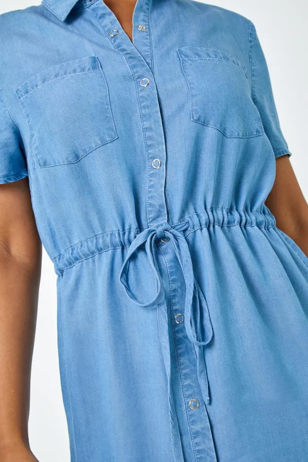 Light Denim Petite Tie Waist Denim Shirt Dress Women Roman Dresses