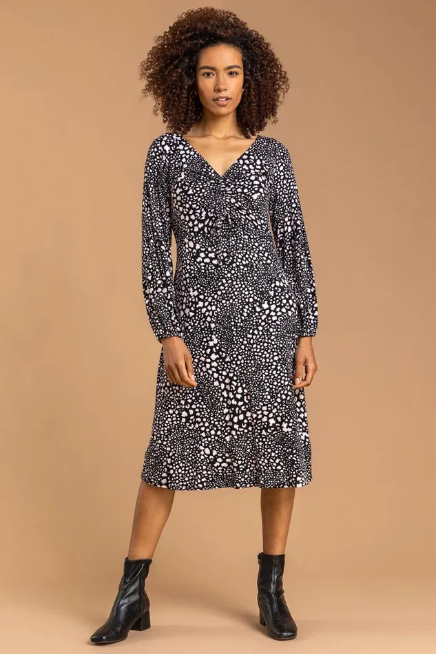 Light Pink Abstract Animal Gathered Dress Women Roman Dresses