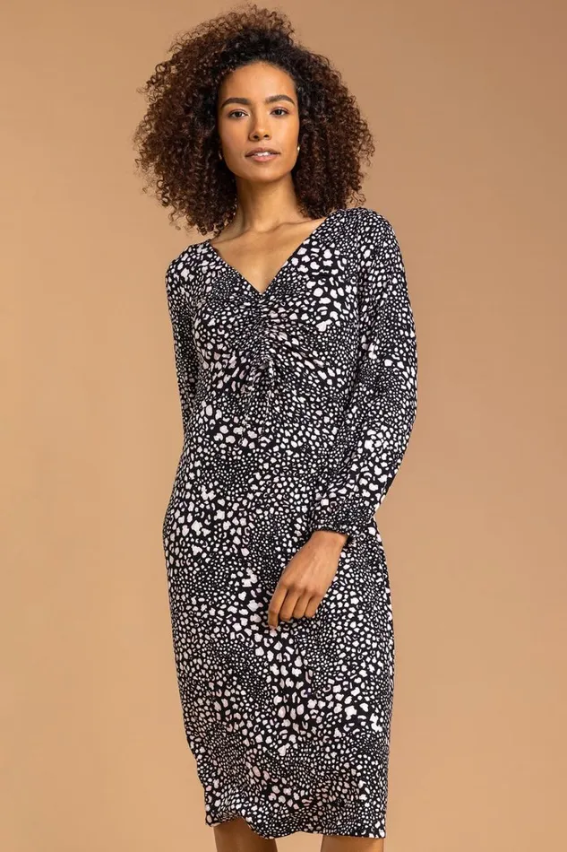 Light Pink Abstract Animal Gathered Dress Women Roman Dresses
