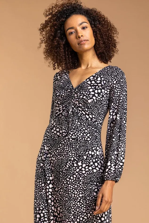 Light Pink Abstract Animal Gathered Dress Women Roman Dresses