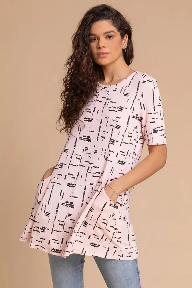 Light Pink Abstract Pocket Stretch Swing Top Women Roman Tops