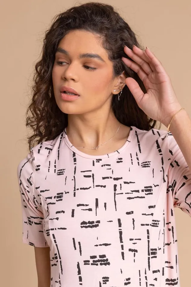 Light Pink Abstract Pocket Stretch Swing Top Women Roman Tops