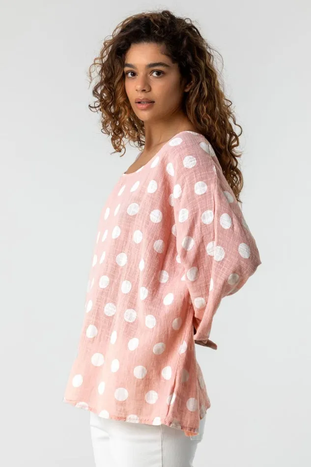 Light Pink Spot Print 34 Sleeve Top Women Roman Tops