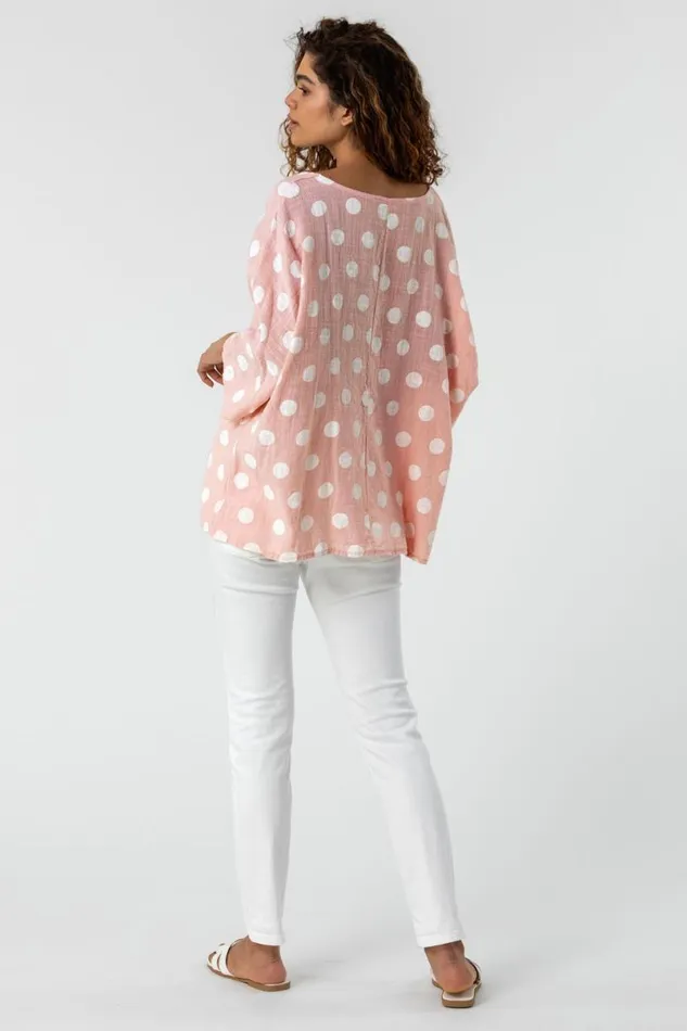 Light Pink Spot Print 34 Sleeve Top Women Roman Tops