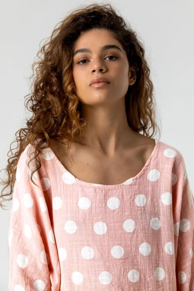 Light Pink Spot Print 34 Sleeve Top Women Roman Tops